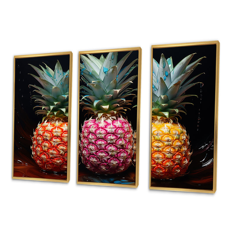 Neon Pinapple Nectar I - ensemble d'art sur toile ananas, Cadre flottant doré, H 32 po x l 48 po x P 1 po