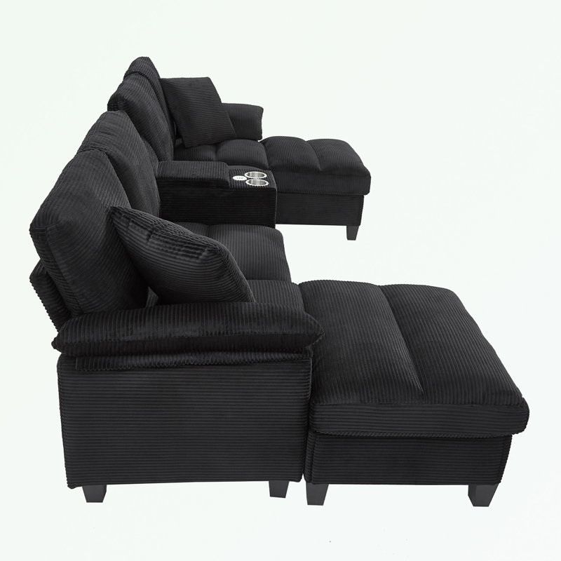 Canapé modulaire en U en velours côtelé avec repose-pieds, porte-gobelets et ports USB, Velours côtelé noir