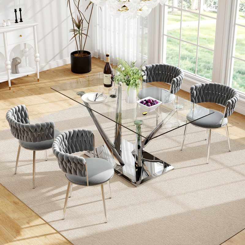 Ensemble de salle à manger à piédestal luxtury, 5 pièces: table, 4 chaises, Gris, Argent argent