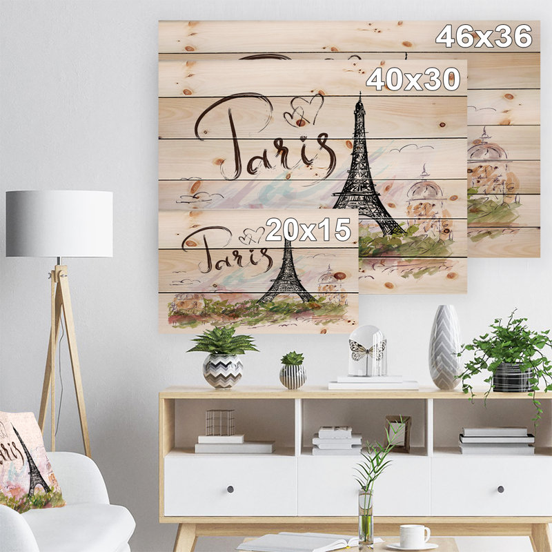 « eiffel tour avec paris scribble », peinture beige, H 20 po x l 15 po x P 1po, Bois