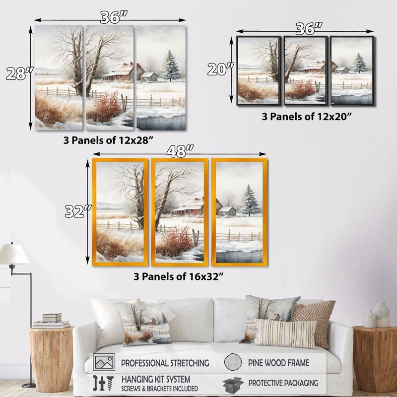«Iowa Farm In Winter», reproduction sur toile 3 pièces, H 32 po x l 48 po, Cadre flottant blanc