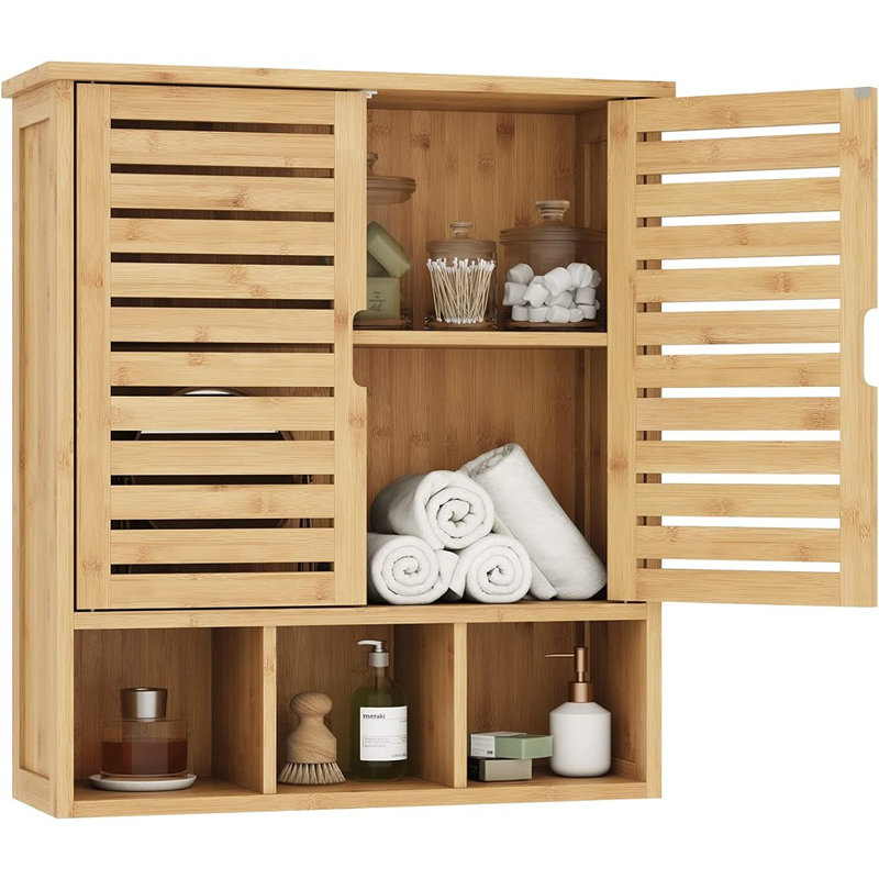 Armoire de rangement murale de salle de bain, armoire à pharmacie en bambou avec portes et tablettes réglables, armoire de salle de bain murale