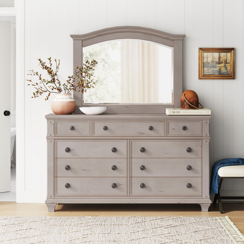 Stratton 9-Drawer Dresser and Mirror, Antique Cobblestone White