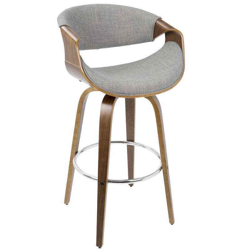 Tabouret de bar 30 po Mid-Century à hauteur fixe pivotant en bois de noyer et tissu gris, Gris