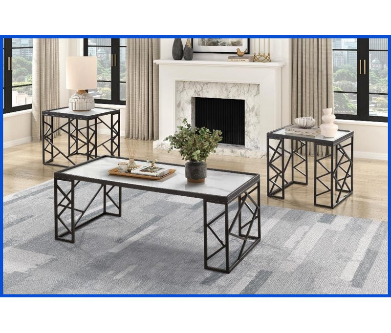 Ensemble de tables basses 3 pièces Modern avec plateau en marbre blanc Cadre en métal noir pour le salon, facile à nettoyer et amp; Assemblage simple