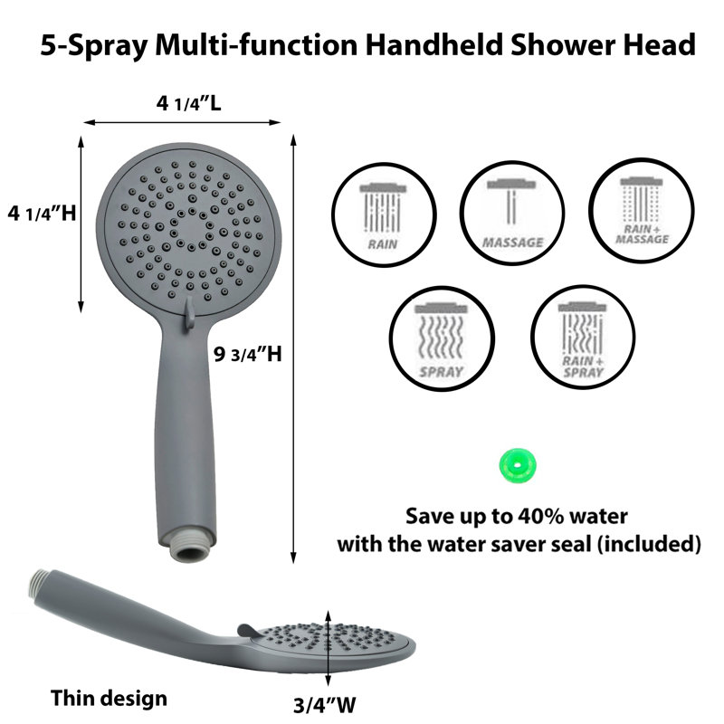 Thin 5-Spray Multi-Function Universal Handheld Shower Head, Mat Gray