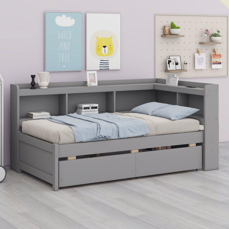 Lit en forme de L avec bibliothèques avec prises de courant, ports de chargement USB, tiroirs, Gris
