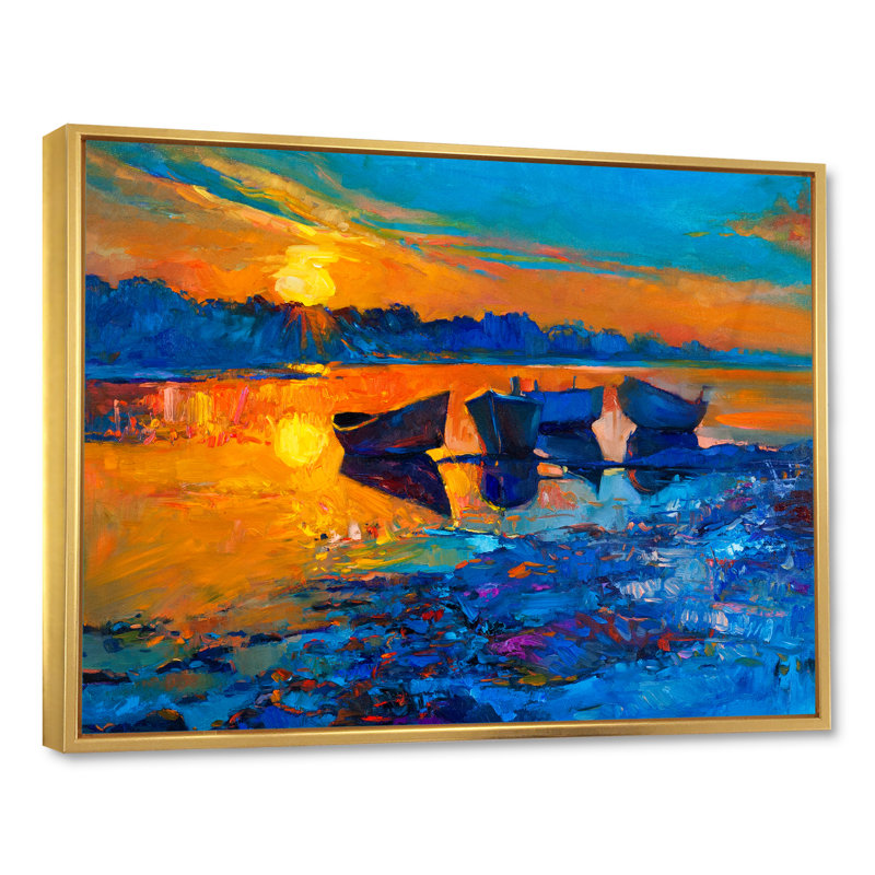 Bateaux en mer II - reproduction sur toile, H 12 po x l 20 po x P 1 po, Toile encadrée flottante dorée