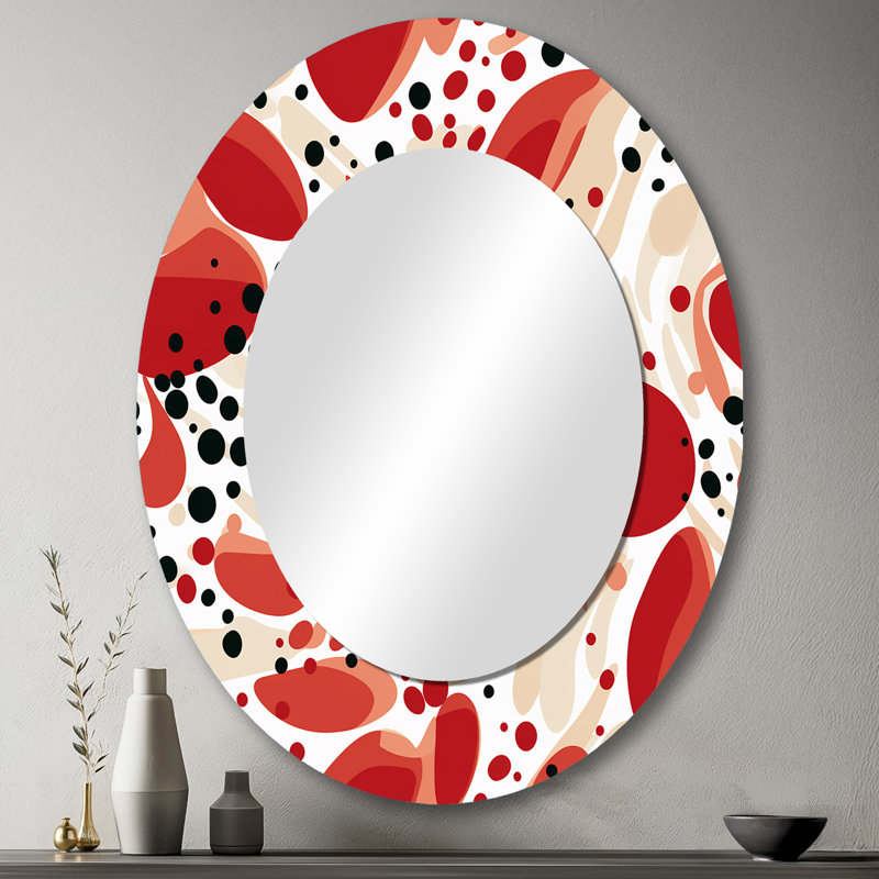 Red And White Polka Dots Pattern - Polka dots  Wall Mirror, Modern Decorative Mirror, Printed Metal Art, 43" H x 33" W, Oval