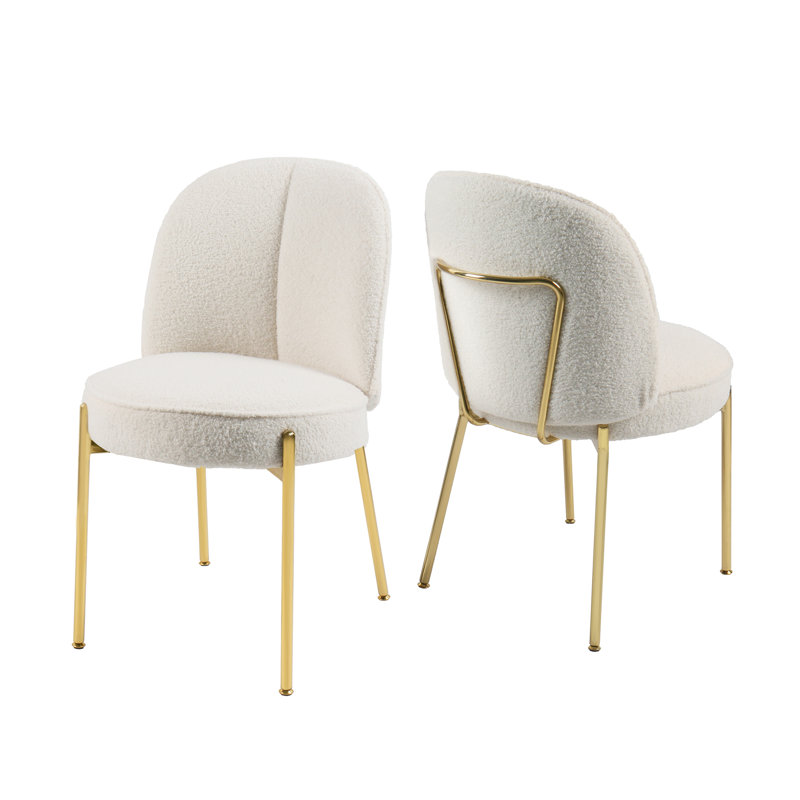 Teddy Fabric Dining Chair with Golden Legs (Set of 2), Creamy White