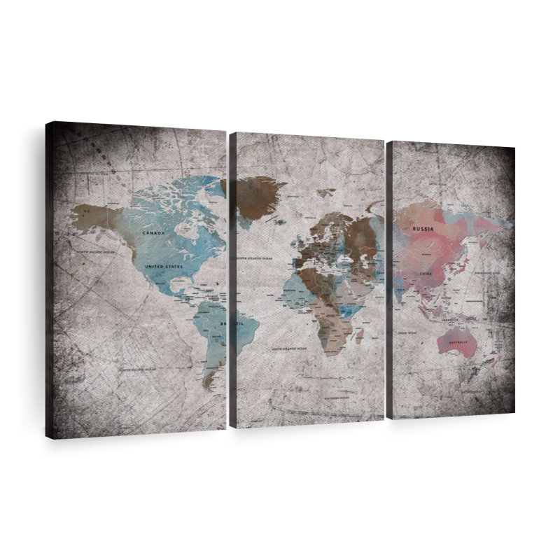 Ensemble de 3 cartes éducatives sur carte du monde III sur toile par Finnian P, H 20 po x l 33 po x P 1,25 po