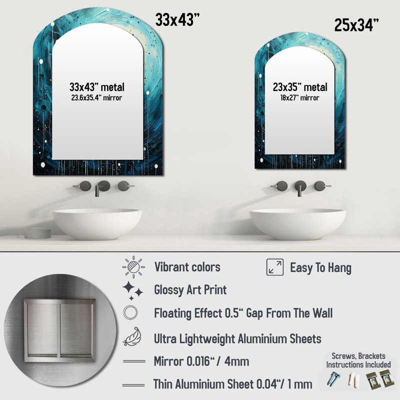Blue Minimalism Moon II - Minimalism Arch Large Mirror, Modern Asymmetrical Unique Wall Mirror Decor, Printed Metal Art
