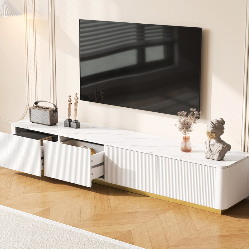 Modern White Faux Marble Tv Stand, 4 Drawers, Curved Profile, Gold Base, And Smooth - Sliding Drawer Hardware Operating