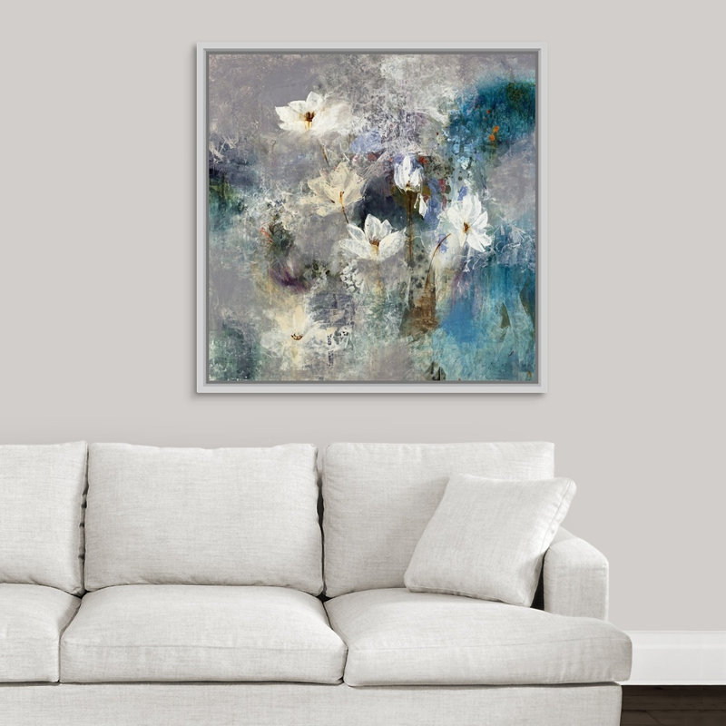 « gathering lilies », peinture sur toile, Cadre flottant blanc, H 31,7 po x l 31,7 po x p 1,75 po