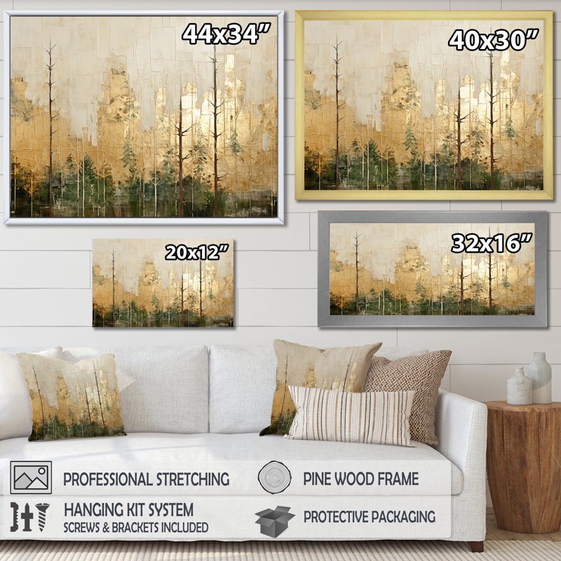 «Minimalisme beige et or forêt I», art mural sur toile forêt, H 24 po x l 32 po x P 1 po, Encadrement argenté