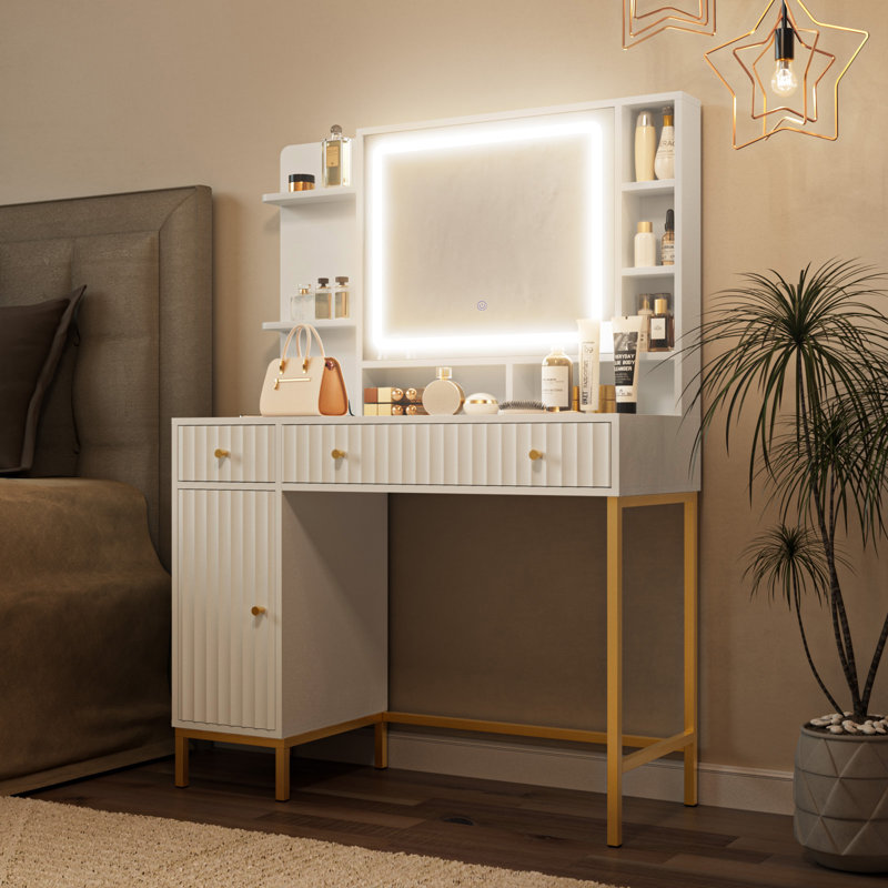 Coiffeuse de maquillage avec lumières, bureau de coiffeuse avec miroir et prise de courant