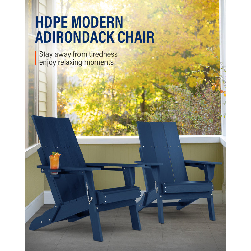 Adirondack Chair, Oversized HDPE Folding Adirondack Chair With Cup Holder, Navy