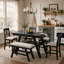 Ensemble de salle à manger 6 pièces en bois, hauteur du comptoir, avec tablette de rangement, table, banc et 4 chaises, style rustique, couleur espresso et coussins beiges-1220787883-1220787885