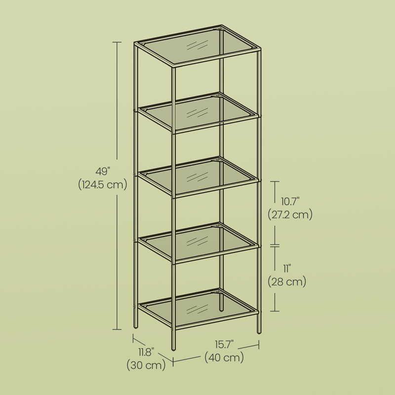 Bookcase, 5-Tier Bookshelf, Slim Shelving Unit For Bedroom, Bathroom, Home Office, Tempered Glass, Steel Frame, Metallic Gold