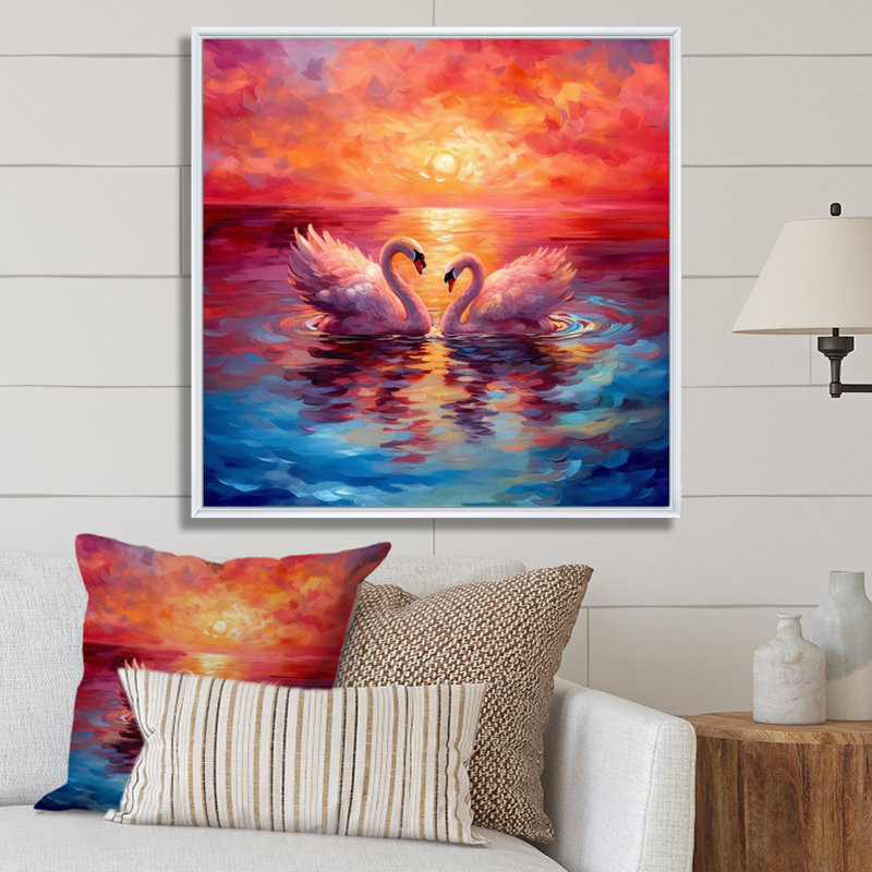 Swans In Love Reflection At Majestic Sunset, Cadre flottant blanc, H 36 po x l 36 po x P 1,5 po