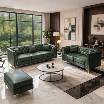 Luxury 3-Piece Faux Leather Living Room Set with Handmade Button Tufted and Ottoman