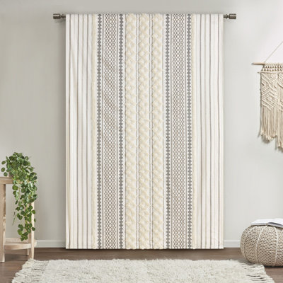 50x108" Cotton Printed Curtain Panel with Chenille Stripe & Lining Single Piece