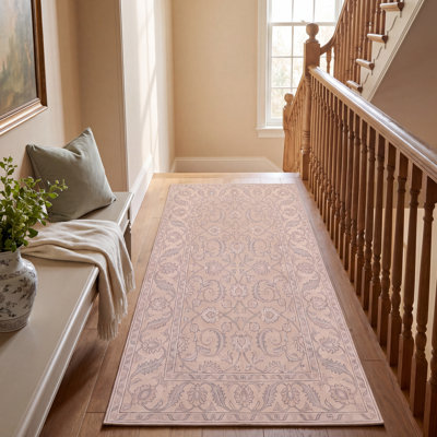 Tapis traditionnel à motifs floraux, coloris gris, crème, ivoire, beige et rose, antidérapant, à poils courts, pour intérieur et extérieur, adapté aux animaux domestiques, idéal pour le salon, la chambre, la salle à manger, l'entrée, le corridor ou le bureau. Lavable.