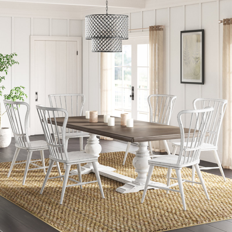 Chalita Trestle Dining Table Set w/ 18" Leaf, 7 Pieces: Table, 6 Chairs, Tobacco/White, White