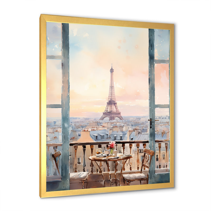 «Paris Winter Window View III - City Paris», art mural, Cadre doré simple, H 20 po x l 12 po x P 1 po