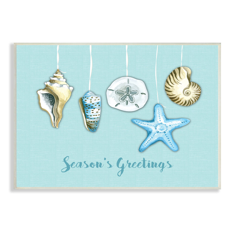«Season's Greetings Festive Beach Holiday Seashells Hanging», estampe numérique encadrée noire, H 13 po x l 19 po x P 0,5 po