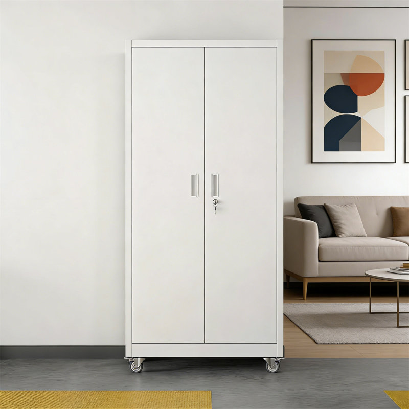 71" Metal Garage Cabinet W/ Pegboard & 5 Shelves, Magnetic Doors, White, 71" H x 32" W x 16" D, White
