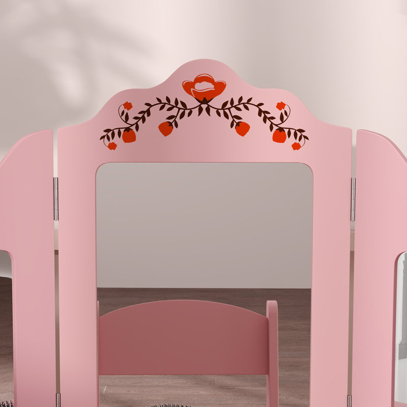 Coiffeuse pour enfants avec miroir à trois plis, tabouret, rose