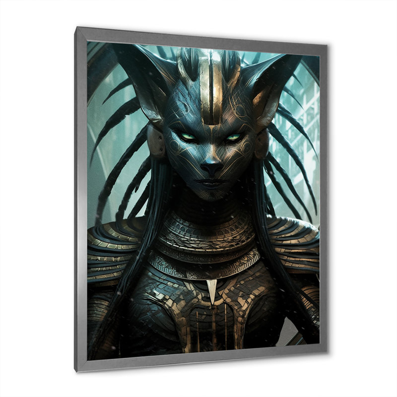 " Ancient Egyptian Cat Goddess Bastet ", 40'' H x 30'' W x 1.5" D, Silver Single Picture Framed