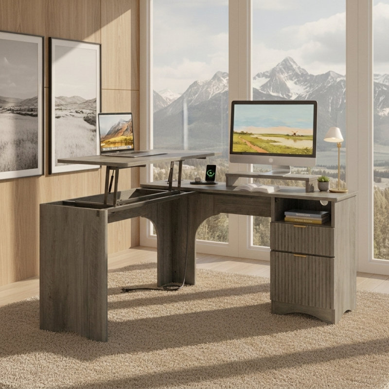 Daymen 55 Inch Lift Top L-Shaped Fluted Computer Desk, Gray Wash