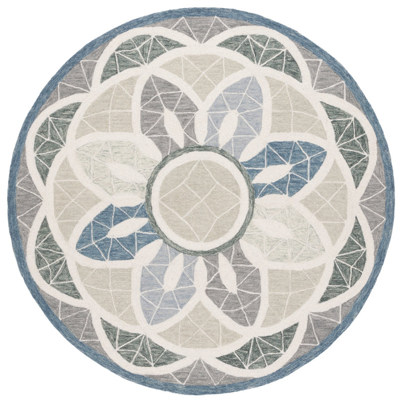 Sharitta Tufted Wool Cotton Floral Rug in Grey/Blue, Round 6'