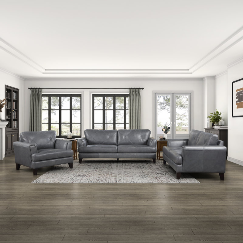 Ensemble de salon moderne en cuir fleur 3 pièces Nico Modern, Cuir véritable gris bruni