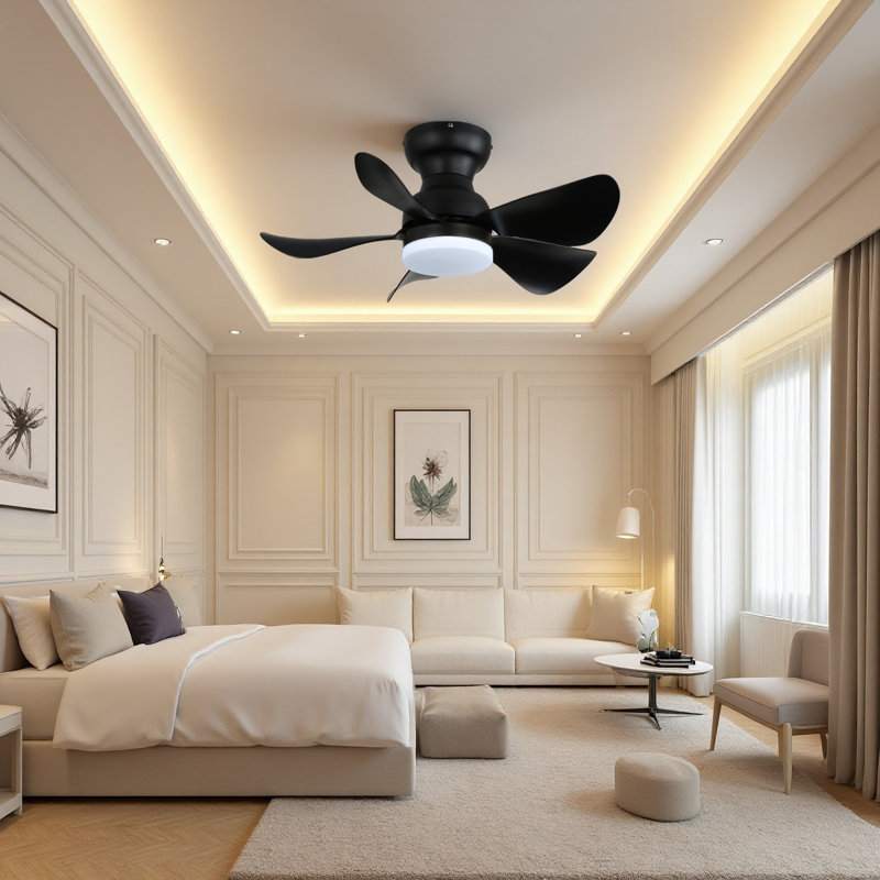 30 In. Black Modern Flush Mount Ceiling Fan With Light, 5 Abs Blades, Dc Motor, Reversible And Dimmable Led, Black, Black