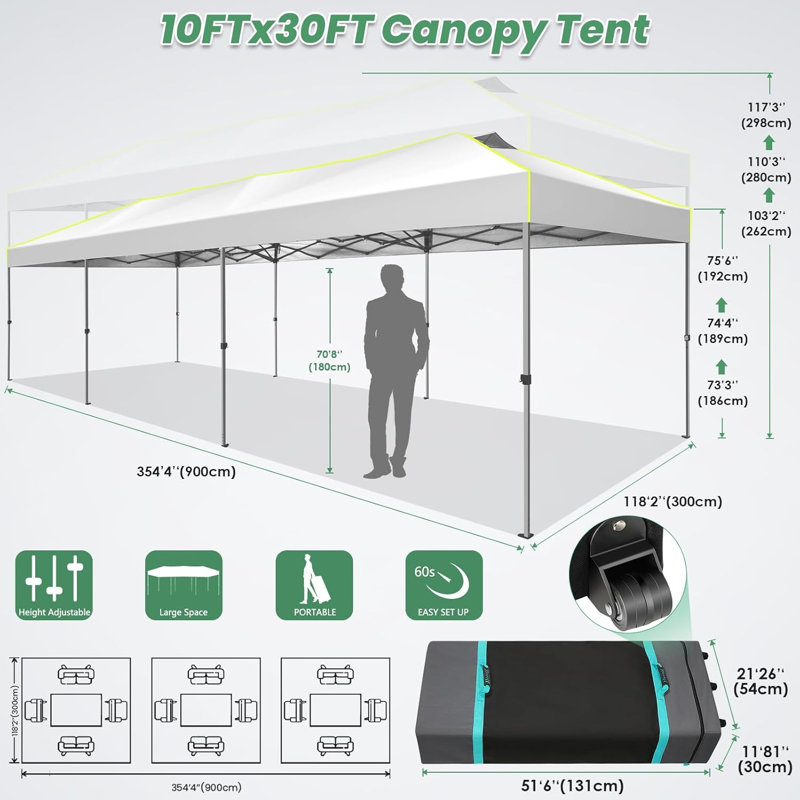 10x30 Pop Up Canopy, Waterproof Pop Up Canopy, White