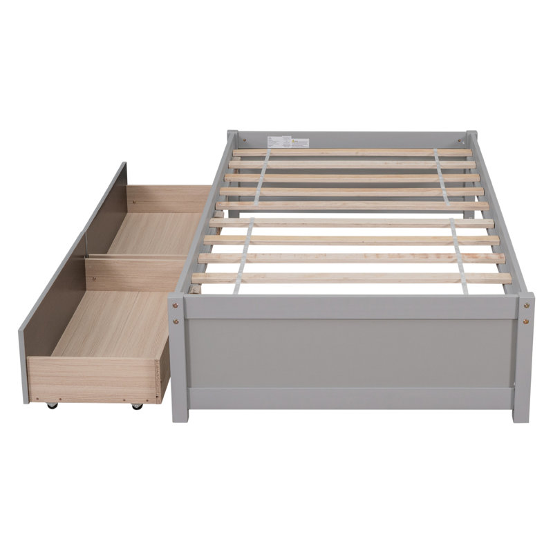 Lit simple avec 2 tiroirs, bois massif, sans sommier, gris