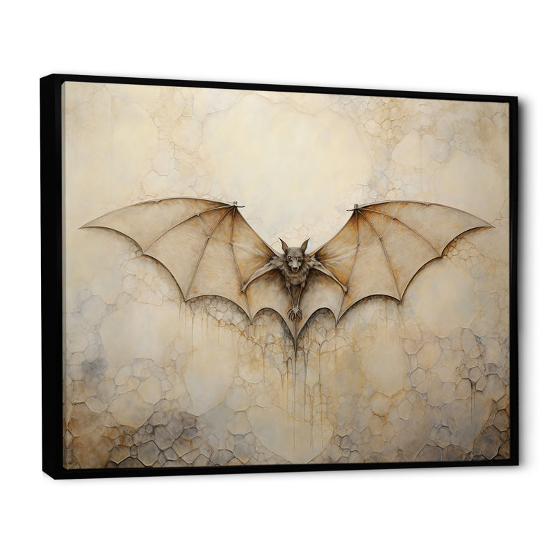 Minimalisme chauve-souris avec ailes ouvertes sur toile, H 30 po x l 40 po x P 1,5 po, Cadre flottant noir