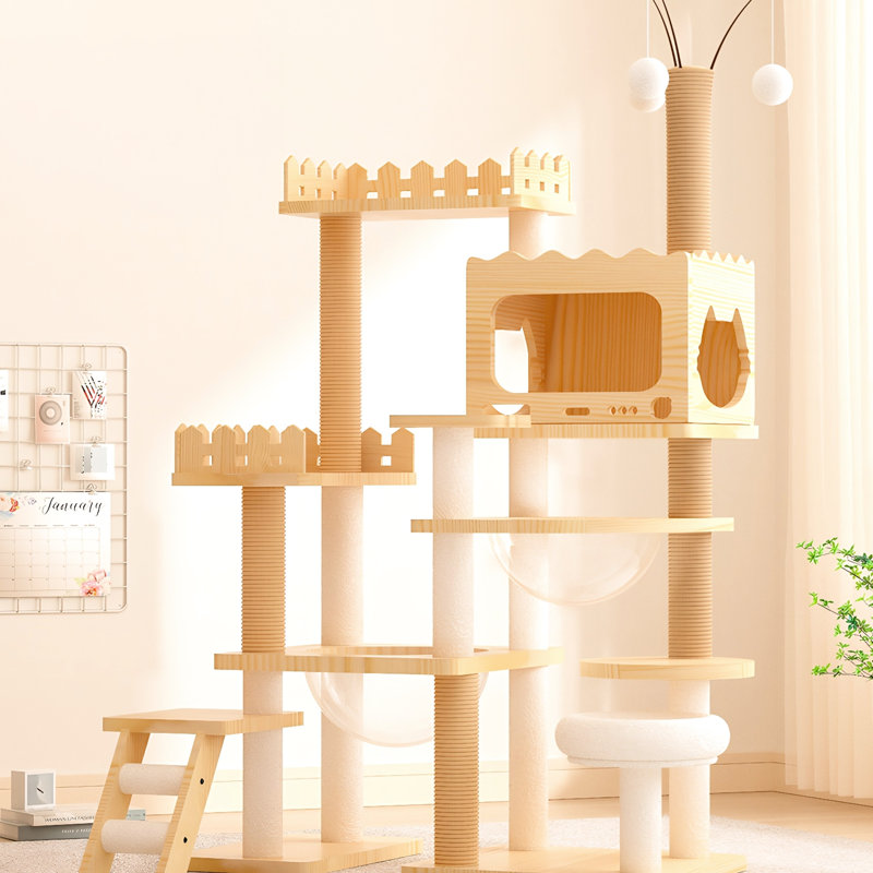 Tour pour arbre à chat moderne de 66,9 po pour multi-maisons d'intérieur, avec arbre en bois, poteaux à griffer, acrylique et perchoir supérieur confortable, construction 66,9 po, avec perchoir couvert, situation idéale, matériau