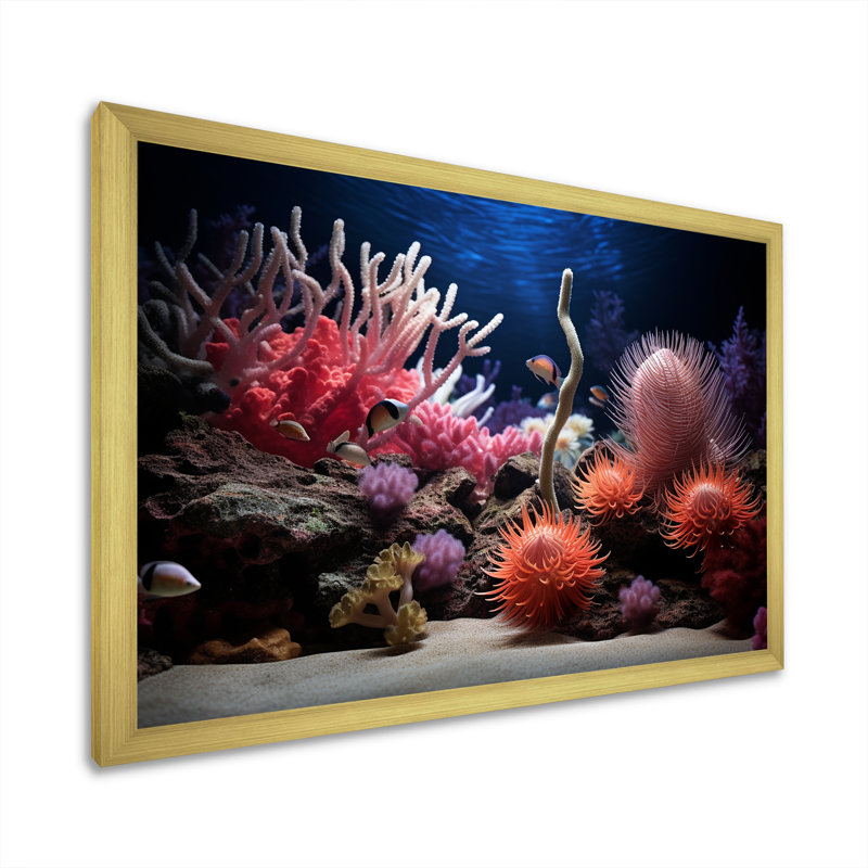 «Vibrant Coastal Coral Beauty», reproduction d'art sur toile, H 16 po x l 32 po x P 1 po, Cadre doré simple