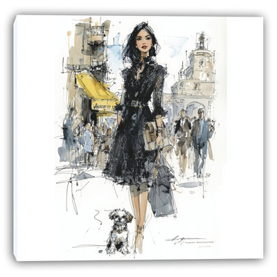 «Chic Stroll with Pup», art mural sur toile tendue