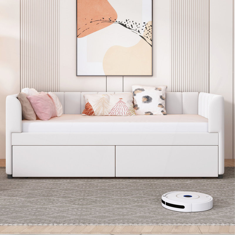 Lit de jour simple rembourré avec dossier ergonomique et 2 tiroirs, Beige