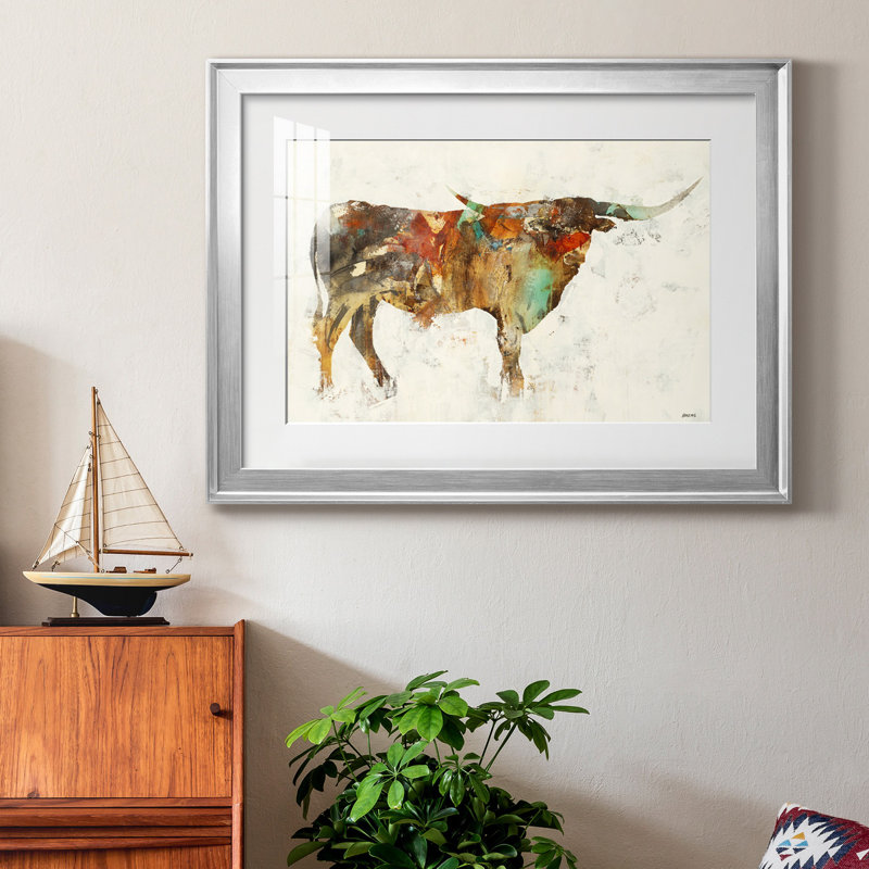 " Long Horn ", 18.5" H x 24.5" W x 1.5" D, Silver Framed Paper