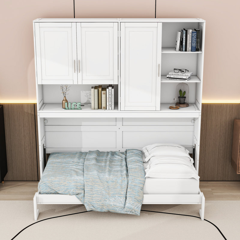 Lit escamotable simple en bois avec tablettes de rangement intégrées, armoire, éclairage et ports USB, Blanc