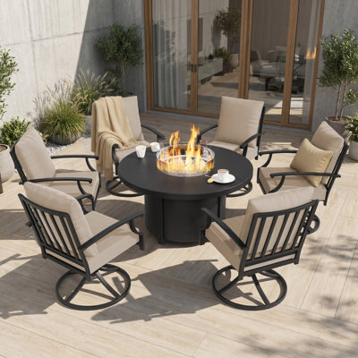 7-Piece Outdoor Fire Pit Set With 48" Aluminum Gas Table (40,000 BTU) & 6 High-Back Swivel Glider Chairs
