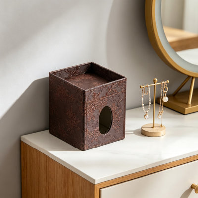 Porte-boîte à mouchoirs carré en similicuir avec plateau de rangement supérieur pour salle de bain, comptoir, table de chevet, table de bureau, finition antique