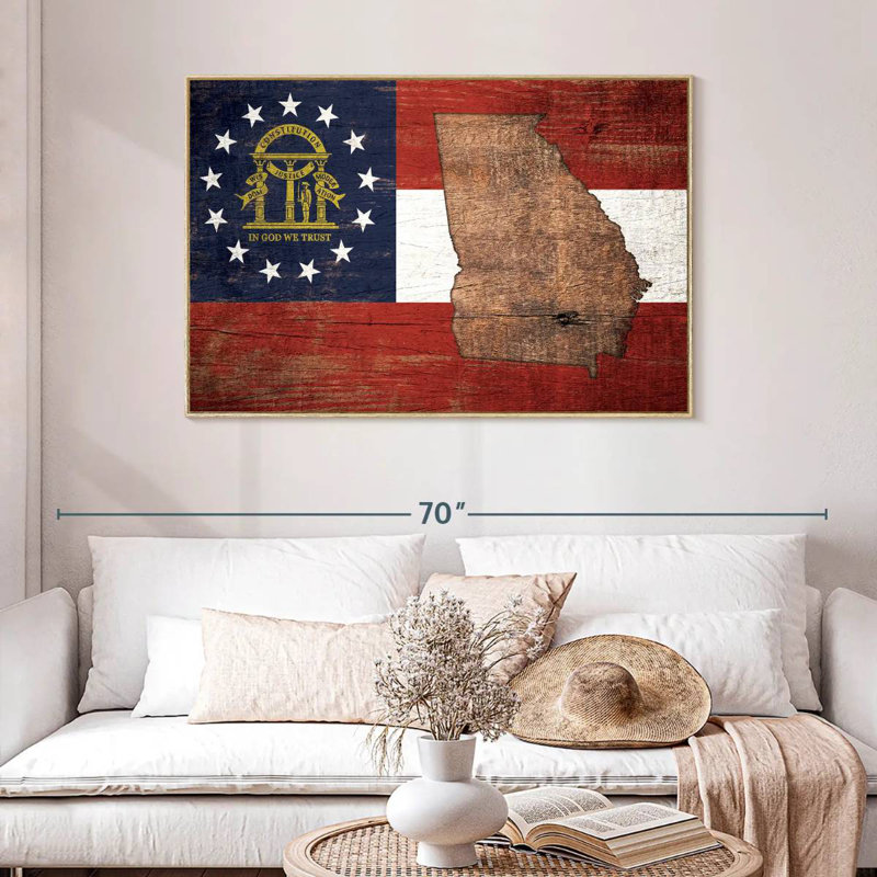 Carte d'État sur le drapeau de la Géorgie, Cadre flottant en bois naturel, 46 po x 31 po