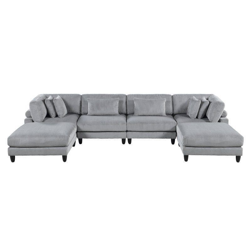 Revêtement modulaire contemporain en velours côtelé gris 6 pièces Contemporary - 2 fauteuils sans accoudoirs, sièges d'angle, repose-pieds avec coussins